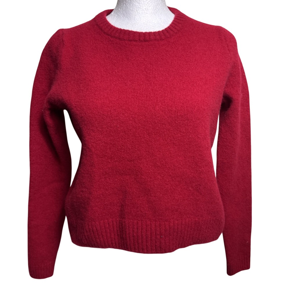 Zara Women Red 100% Wool Crewneck Knit Sweater Size S Long‎ Sleeve Ribbed Trim